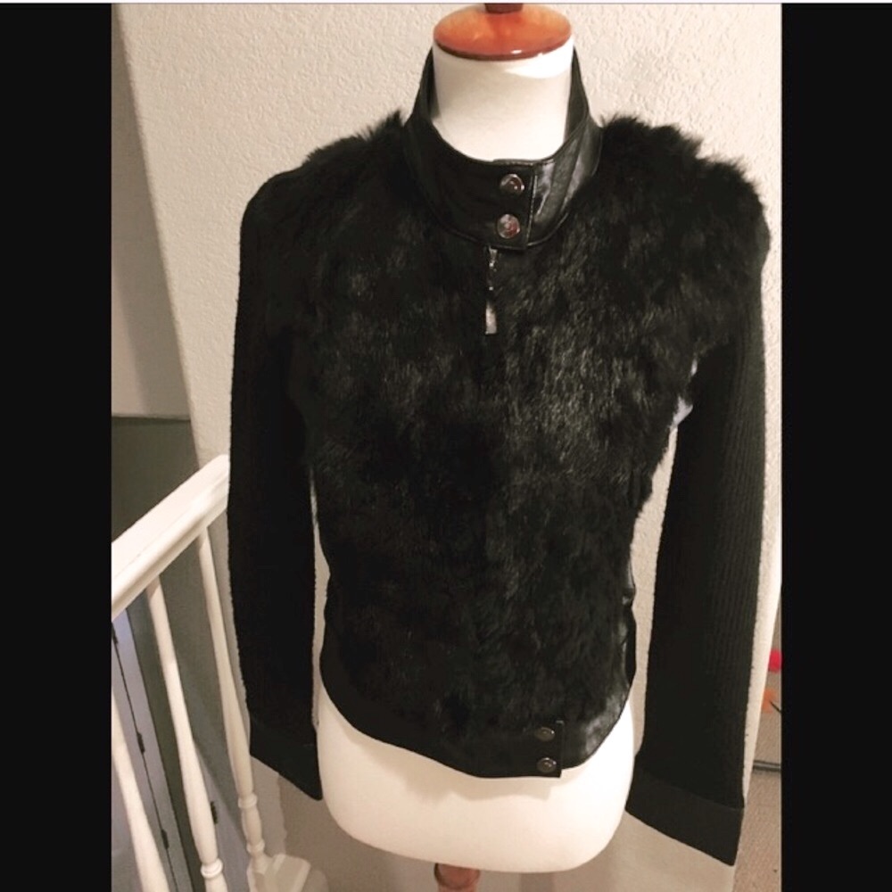 bebe❤️REAL Rabbit Fur Black W/Knit Moto Jacket 0-4